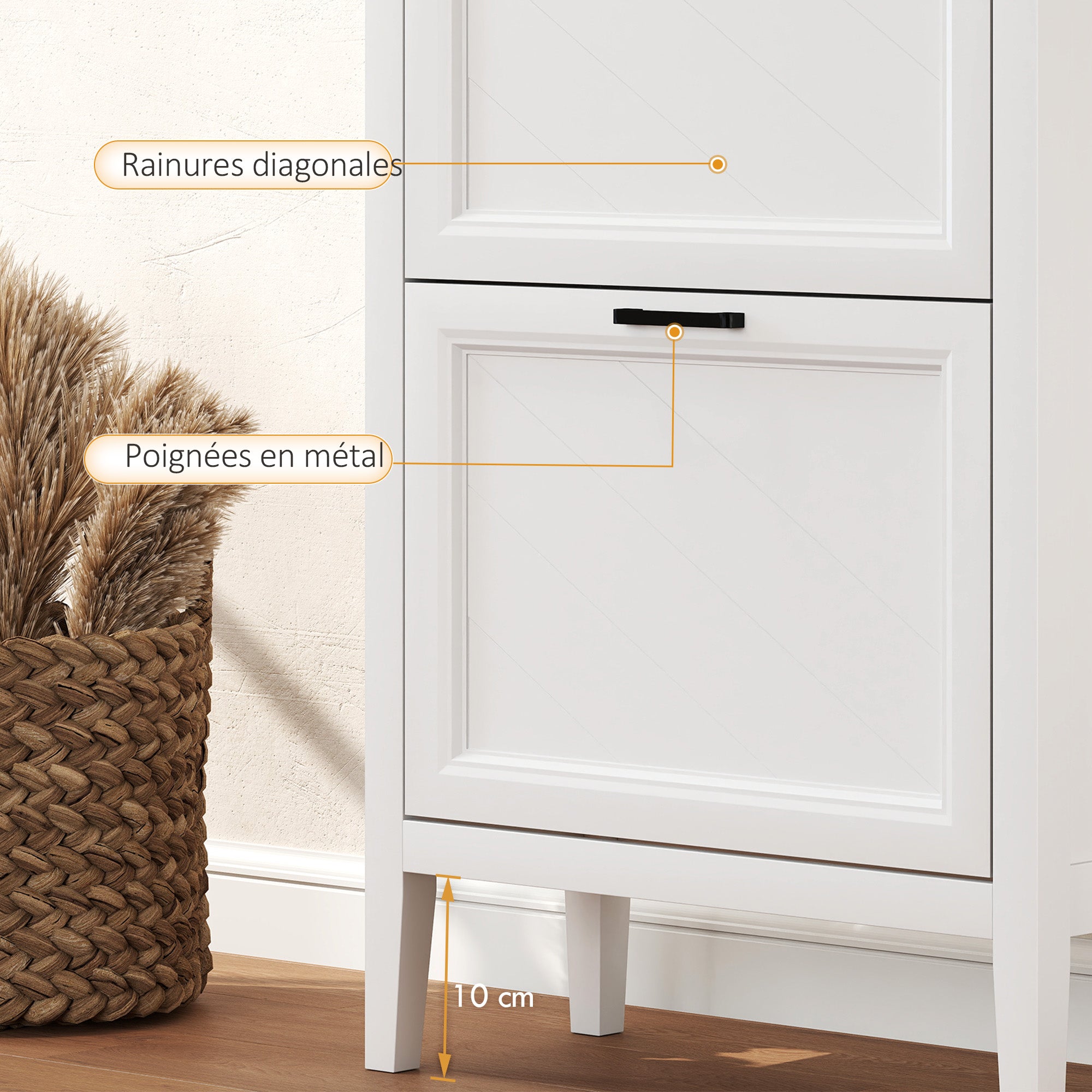Meuble à chaussures 18 paires, armoire à chaussures étroite avec 3 tiroirs rabattables et étagères réglables, blanc