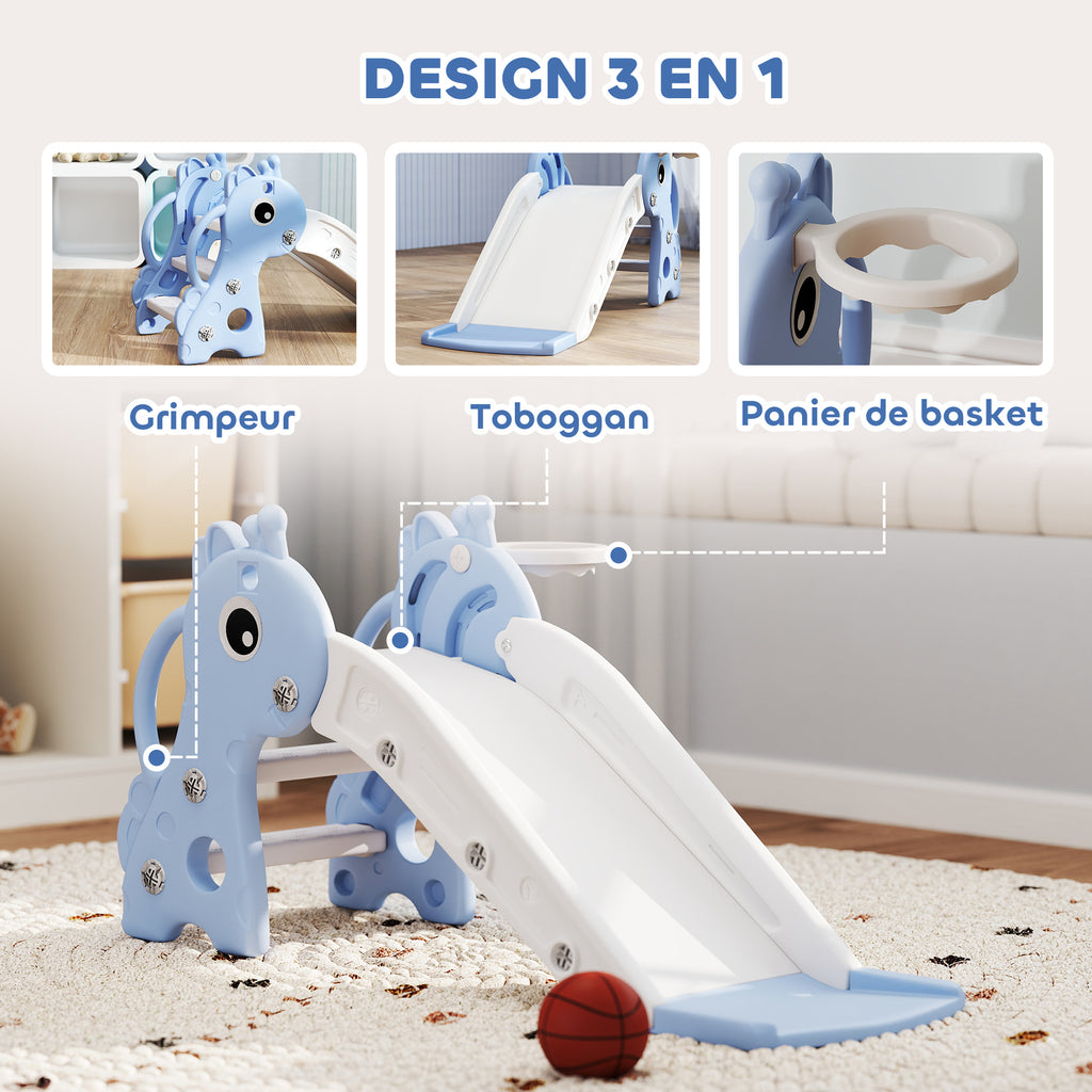 Toboggan pour enfants 3 en 1 en forme de girafe avec panier de basket, escalade et ballon, 106 x 51,5 x 52 cm, bleu