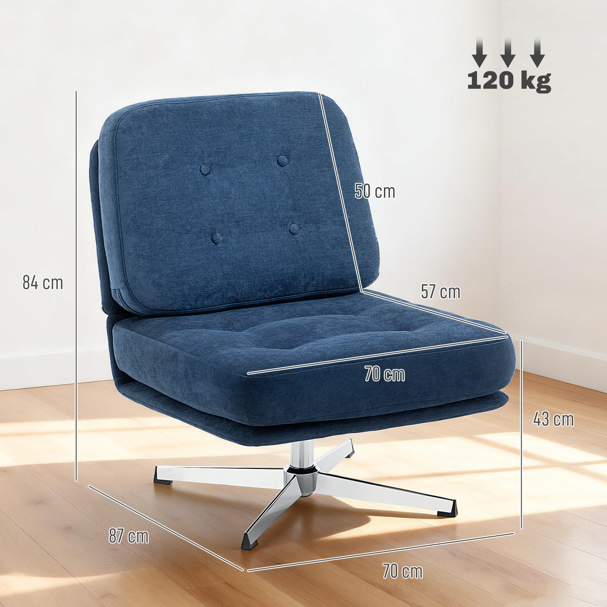 Fauteuil salon sans accoudoir chaise pivotante en tissu chenille assise large, pieds croisés 70 x 87 x 84 cm bleu foncé