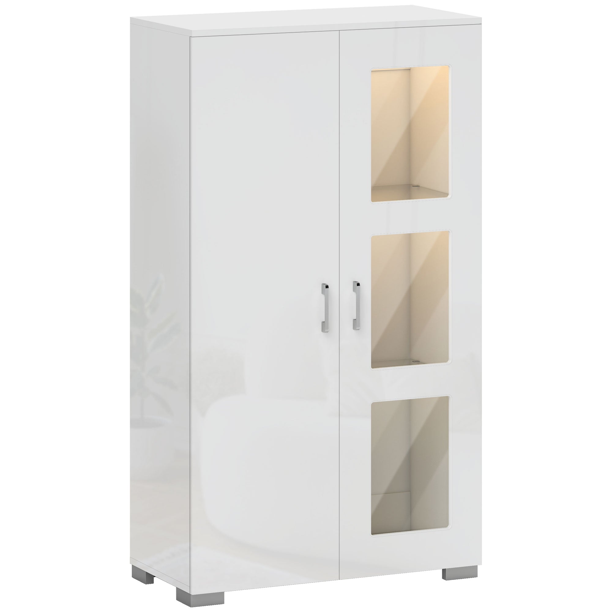 Buffet avec LED RGB 16 couleurs et télécommande, haute brillance, portes vitrées, étagères en verre, 71x35x126cm, blanc