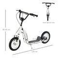 Trottinette enfants, grandes roues pneumatiques 12 pouce en caoutchouc, charge 100 kg, trottinette tout terrain avec double freins, hauteur réglable et béquille latérale, 5 à 12 ans, blanc