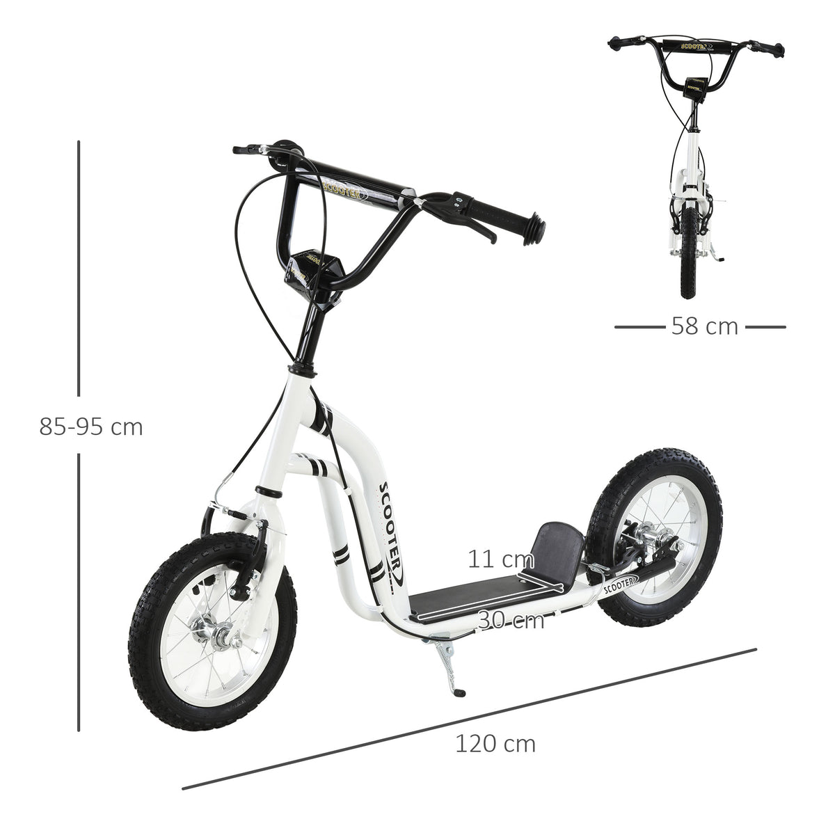 Trottinette enfants, grandes roues pneumatiques 12 pouce en caoutchouc, charge 100 kg, trottinette tout terrain avec double freins, hauteur réglable et béquille latérale, 5 à 12 ans, blanc