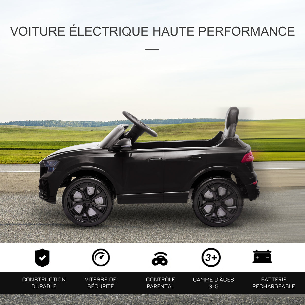 Voiture électrique enfants sous licence Audi RS Q8, véhicule électrique avec télécommande, USB, Bluetooth, noir