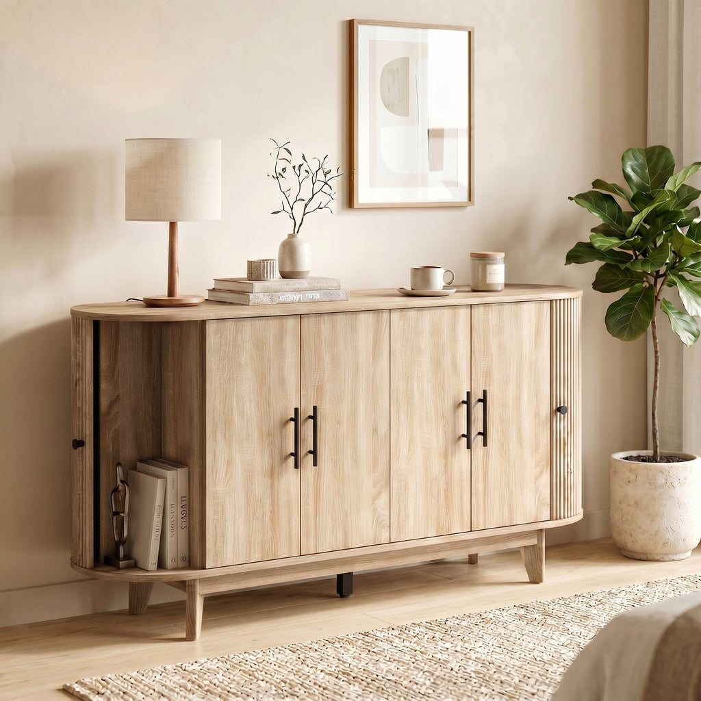 Buffet salon, meuble de rangement ovale avec 6 portes et 2 étagères réglables, 147x40x76cm, chêne