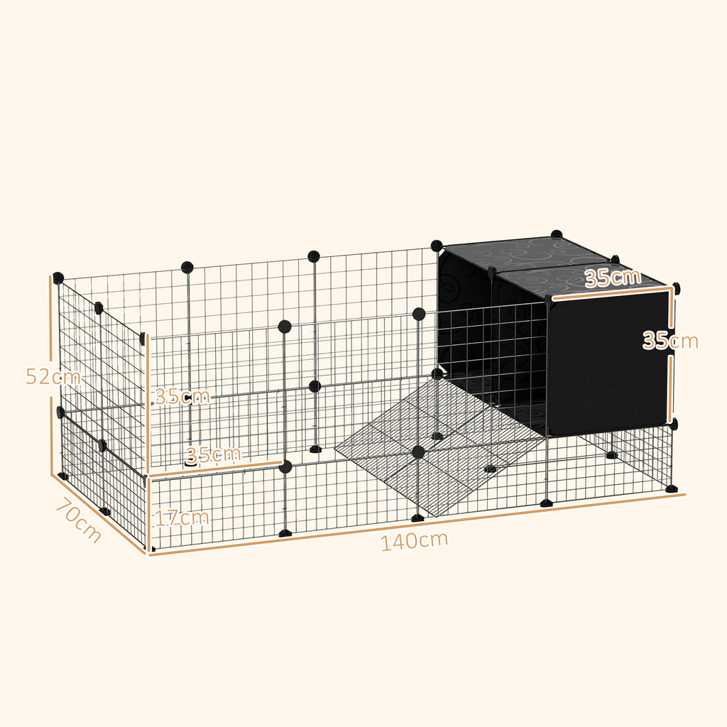 Enclos pour petits animaux, cage à lapin modulable 31 panneaux avec niches surélevées, en acier, 140x70x52cm, noir