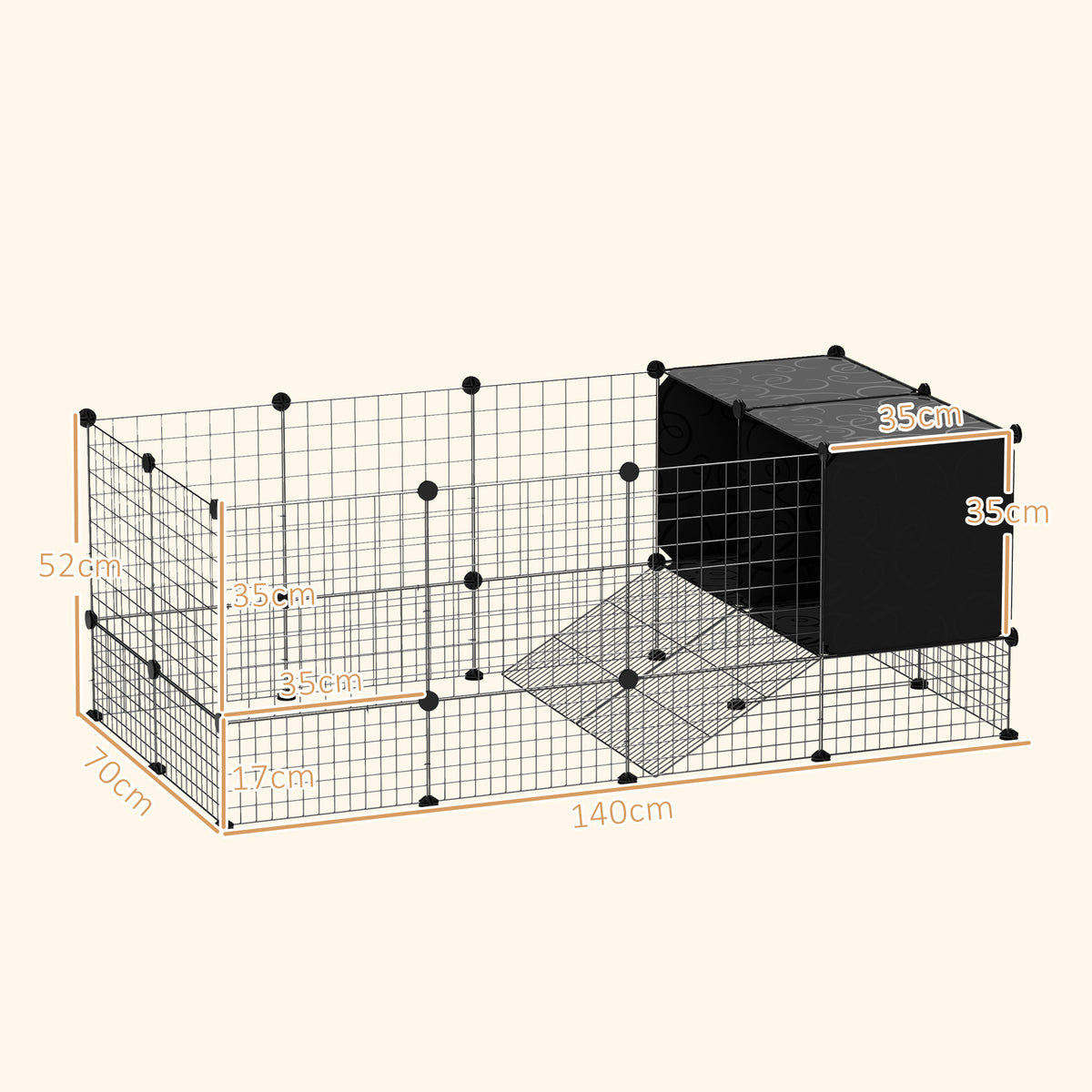 Enclos pour petits animaux, cage à lapin modulable 31 panneaux avec niches surélevées, en acier, 140x70x52cm, noir