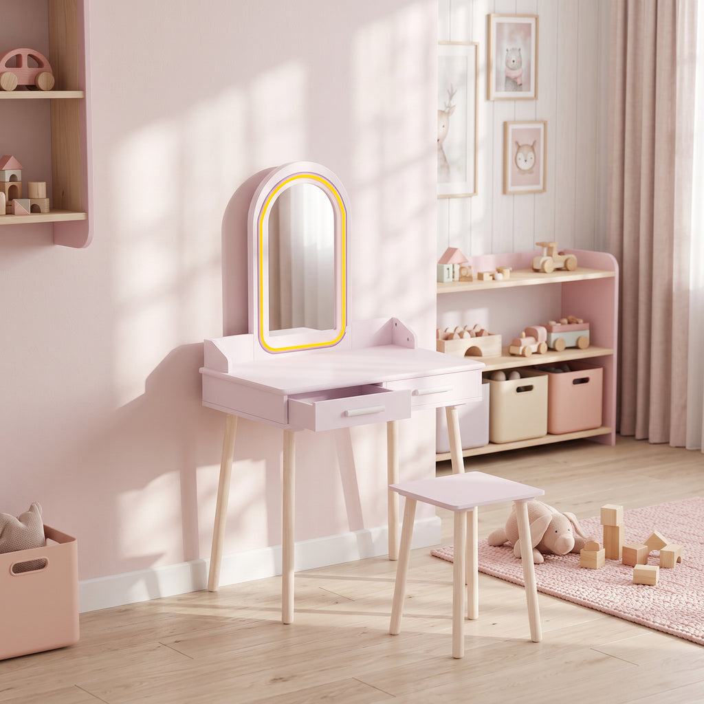 Coiffeuse Enfant en Bois avec Miroir LED 3 Couleurs, Tabouret, Tiroir et Plateau Spacieux, 60x36x100cm, 3 à 8 Ans, Rose