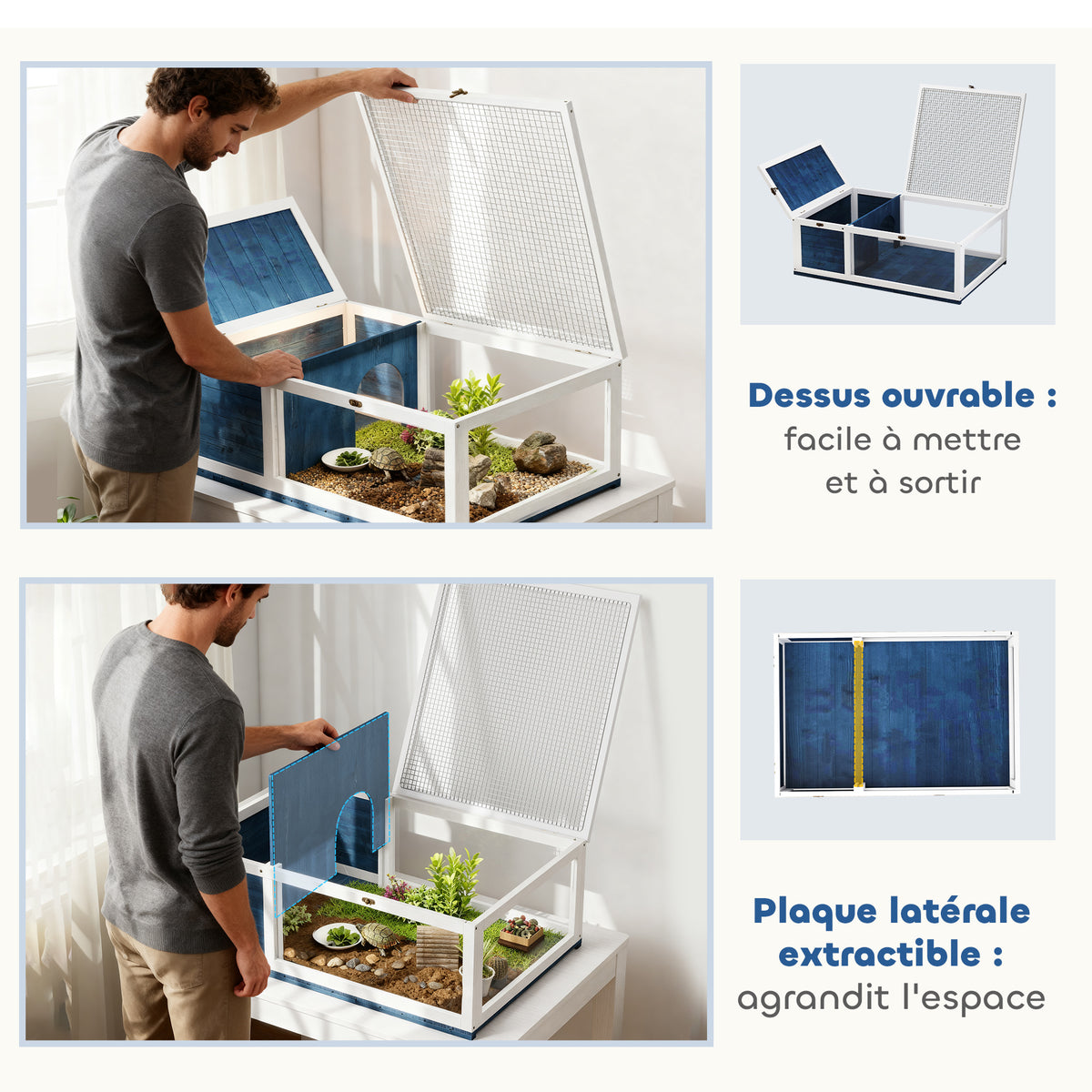 Maison enclos cage habitat pour petit animal tortues avec 2 espaces 91 x 60,5 x 32 cm bois massif bleu
