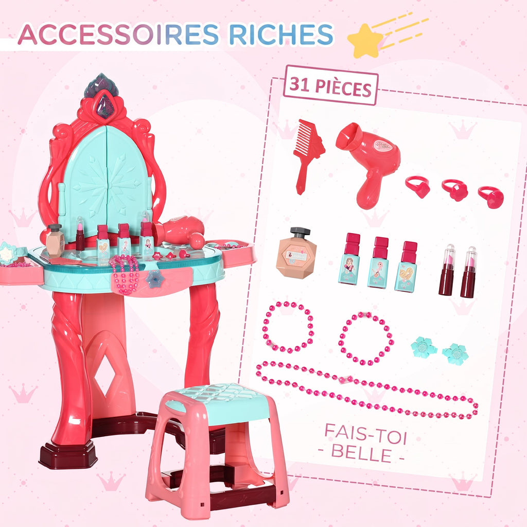 Coiffeuse Enfant Fille avec Tabouret, Miroir, Lumière, Musique, Accessoires, 3-6 Ans, 57x34x76cm, Multicolore