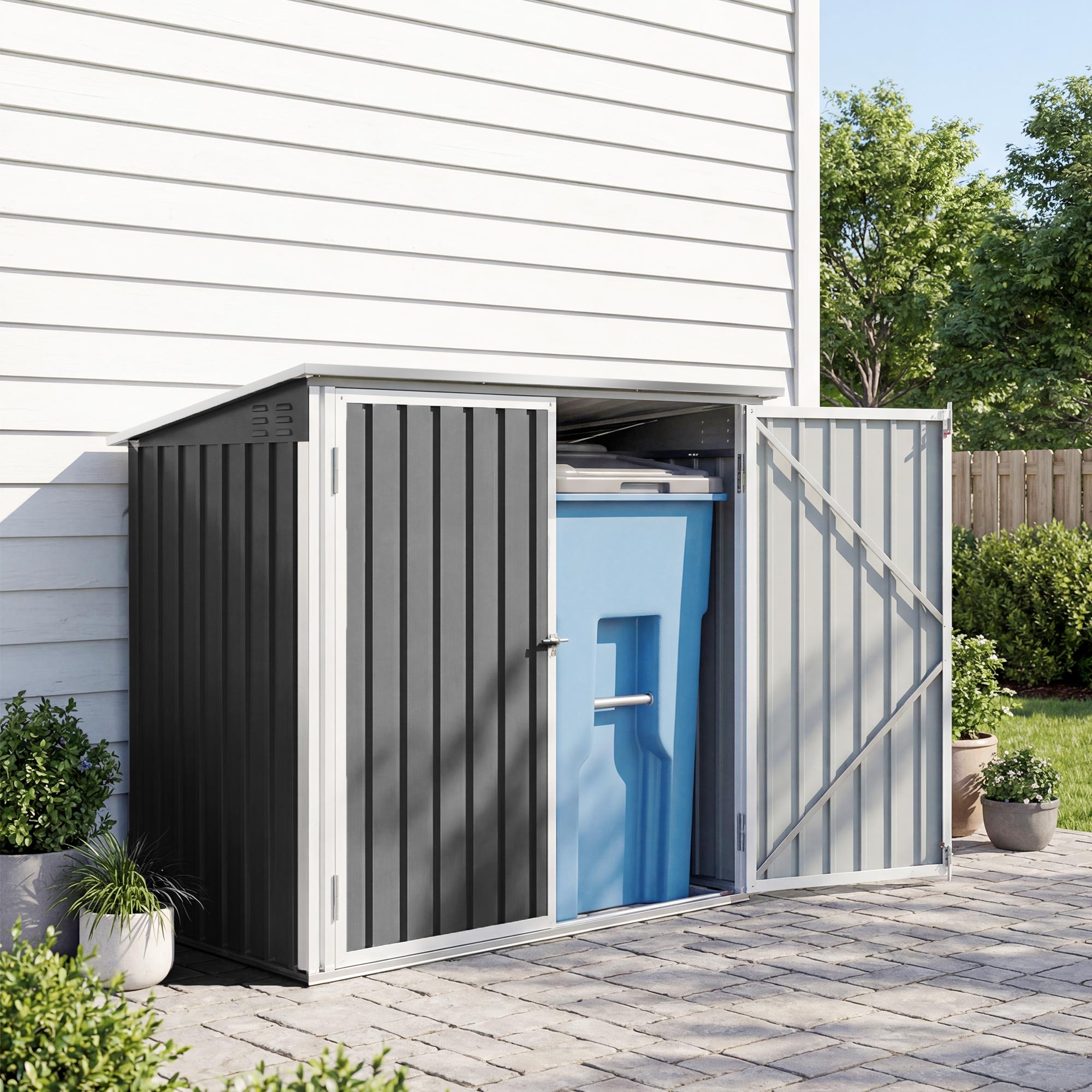 Cache Poubelle Double Abri de Jardin 2 Poubelles de 240L Couvercle Lié par Chaînes Vérins à Gaz 179,5x108x129,5cm Gris
