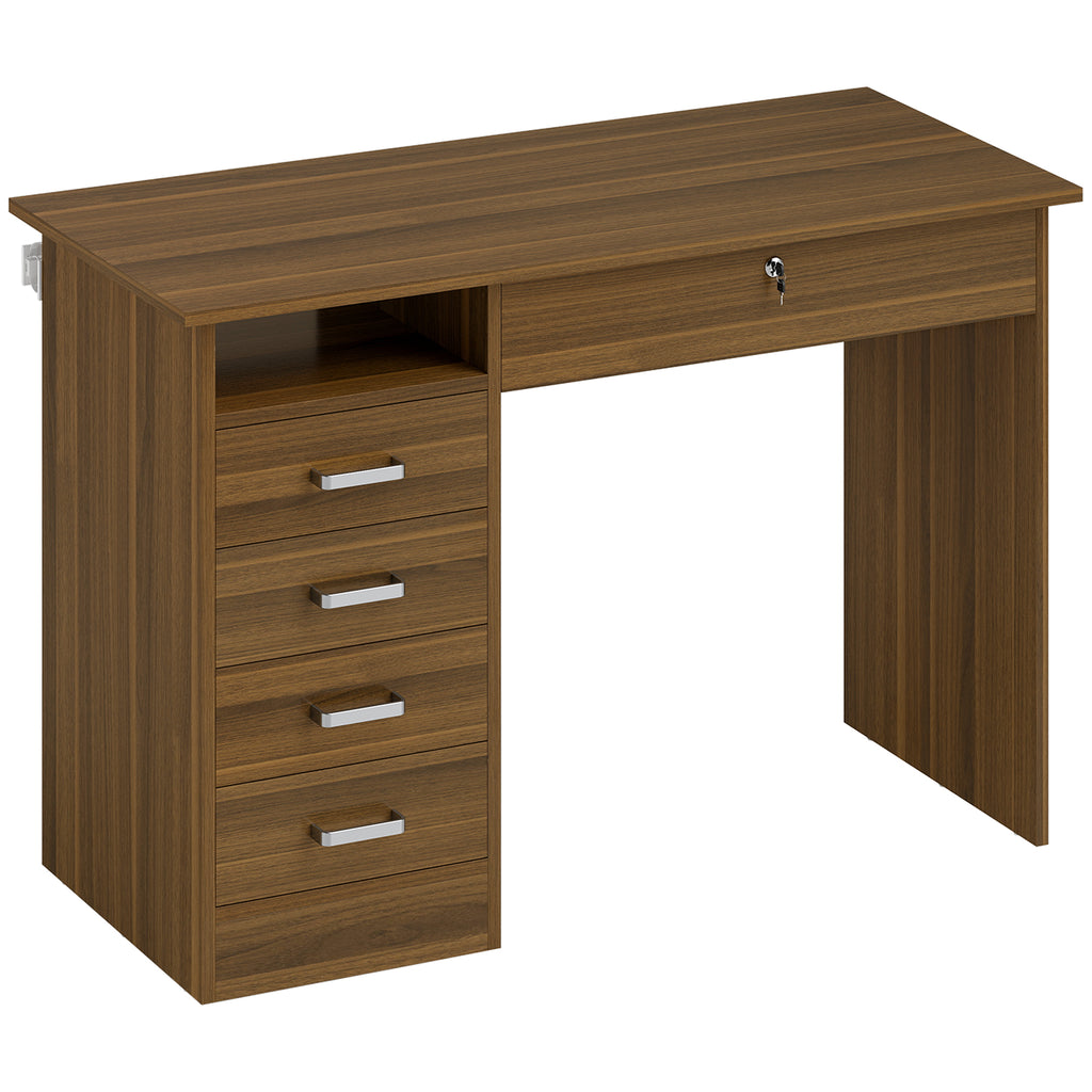 Bureau Informatique avec 5 Tiroirs, 110 x 50 cm, Bureau avec Rangement, Étagère Ouverte, Tiroir Verrouillable, Noyer