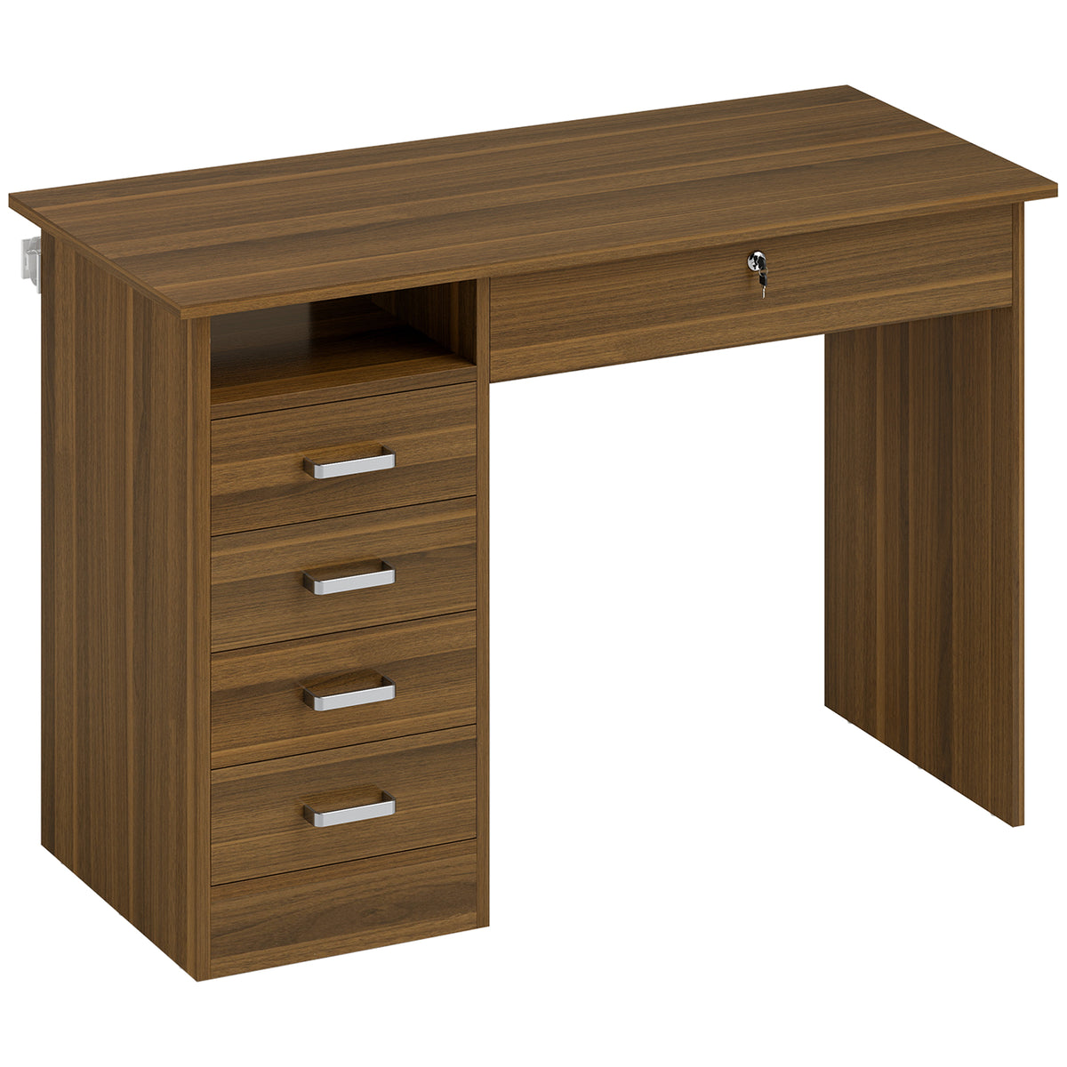 Bureau Informatique avec 5 Tiroirs, 110 x 50 cm, Bureau avec Rangement, Étagère Ouverte, Tiroir Verrouillable, Noyer