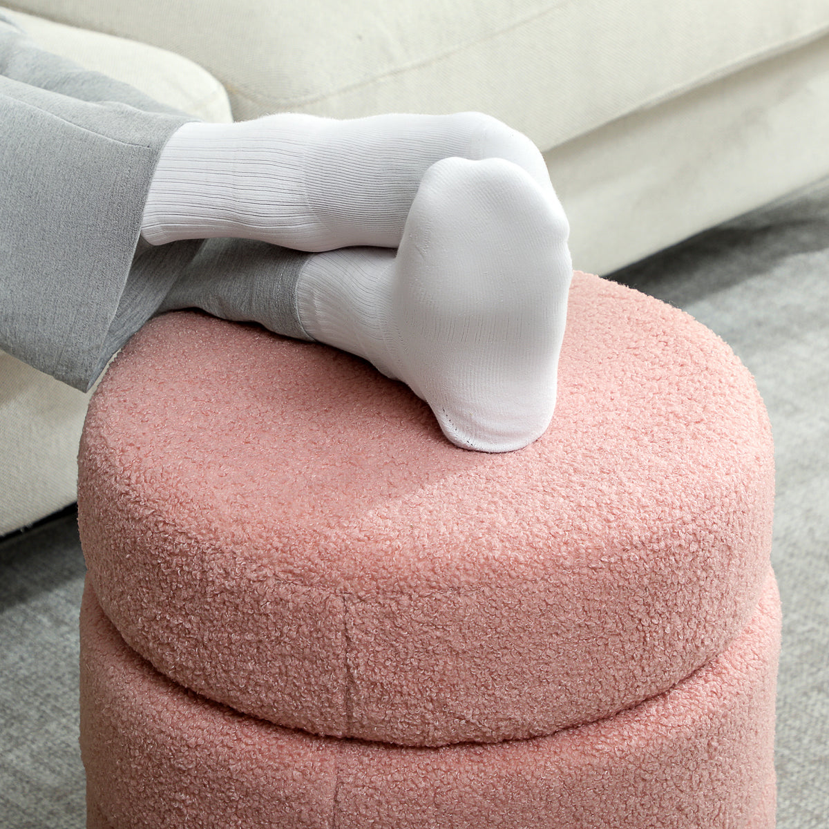 Repose pied salon, tabouret ottoman rond rembourré en peluche Teddy, pour chambre à coucher, entrée, Ø 40 x 45 cm, rose