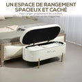 Banc de rangement, bout de lit en velours avec couvercle, pieds en métal, capacité 72 L, 108x44x43,5cm, crème