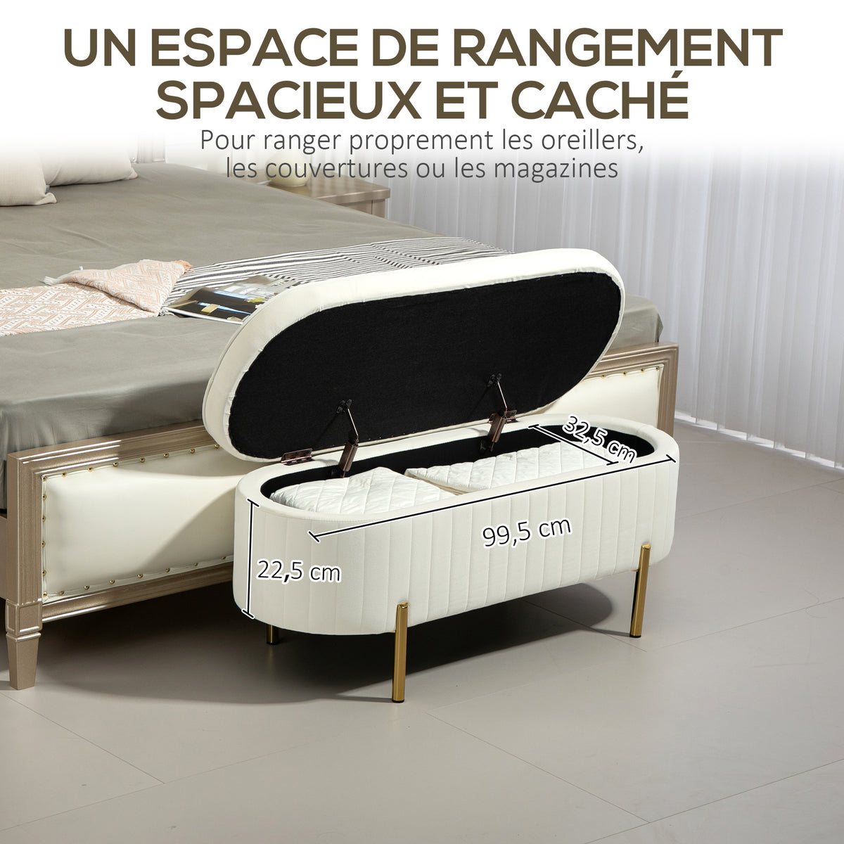 Banc de rangement, bout de lit en velours avec couvercle, pieds en métal, capacité 72 L, 108x44x43,5cm, crème