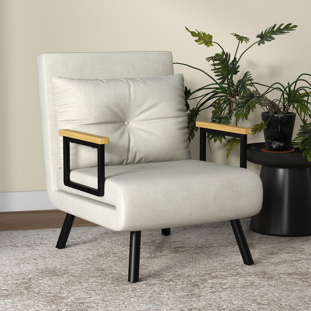 Fauteuil convertible 4 en 1 lit 1 place dossier 5 positions, accoudoirs en bois et coussin, tissu effet velours, crème