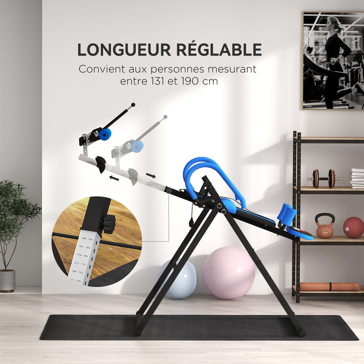 Table d'inversion de musculation pliable ceinture de sécurité réglable angle ajustable 3 niveaux 79x114x153cm bleu noir