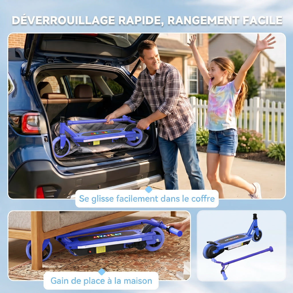 Trottinette électrique pour enfants 6-14 ans, vitesse maximale 10 km/h, lumières LED colorées, frein électrique, bleu