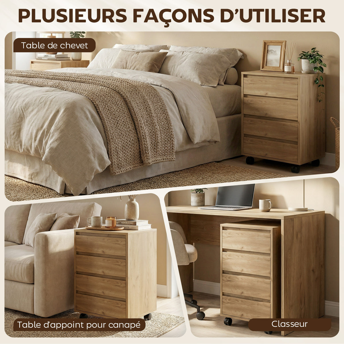 Caisson de bureau rangement bureau sur roulettes 4 tiroirs coulissants en bois aspect bois marron