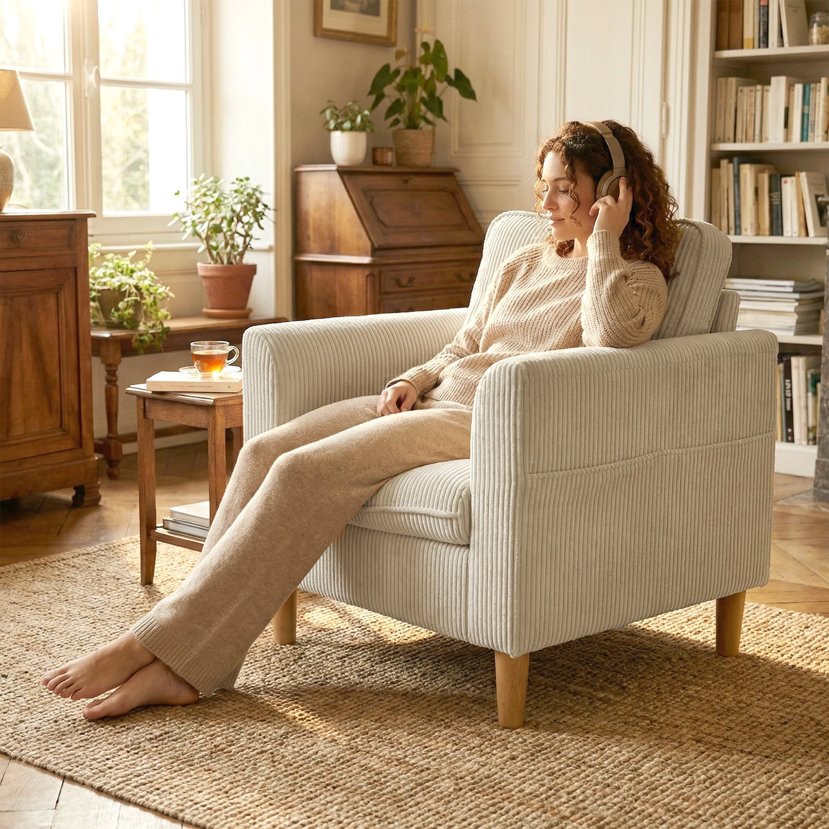Fauteuil de salon en velours côtelé, canapé 1 place rembourré avec assise large et coussin à ressorts, 83x74x87cm, beige
