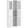 Meuble de salle de bain haut, meuble de rangement avec 6 portes dont 2 vitrées et 2 persiennes, étagère réglable, blanc