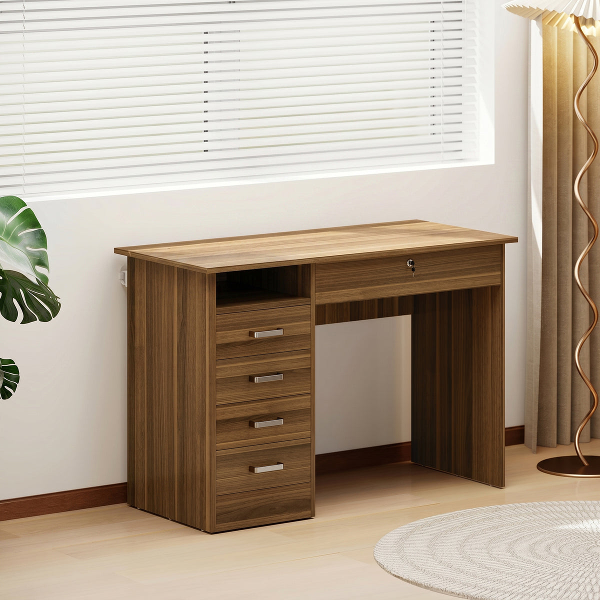Bureau Informatique avec 5 Tiroirs, 110 x 50 cm, Bureau avec Rangement, Étagère Ouverte, Tiroir Verrouillable, Noyer