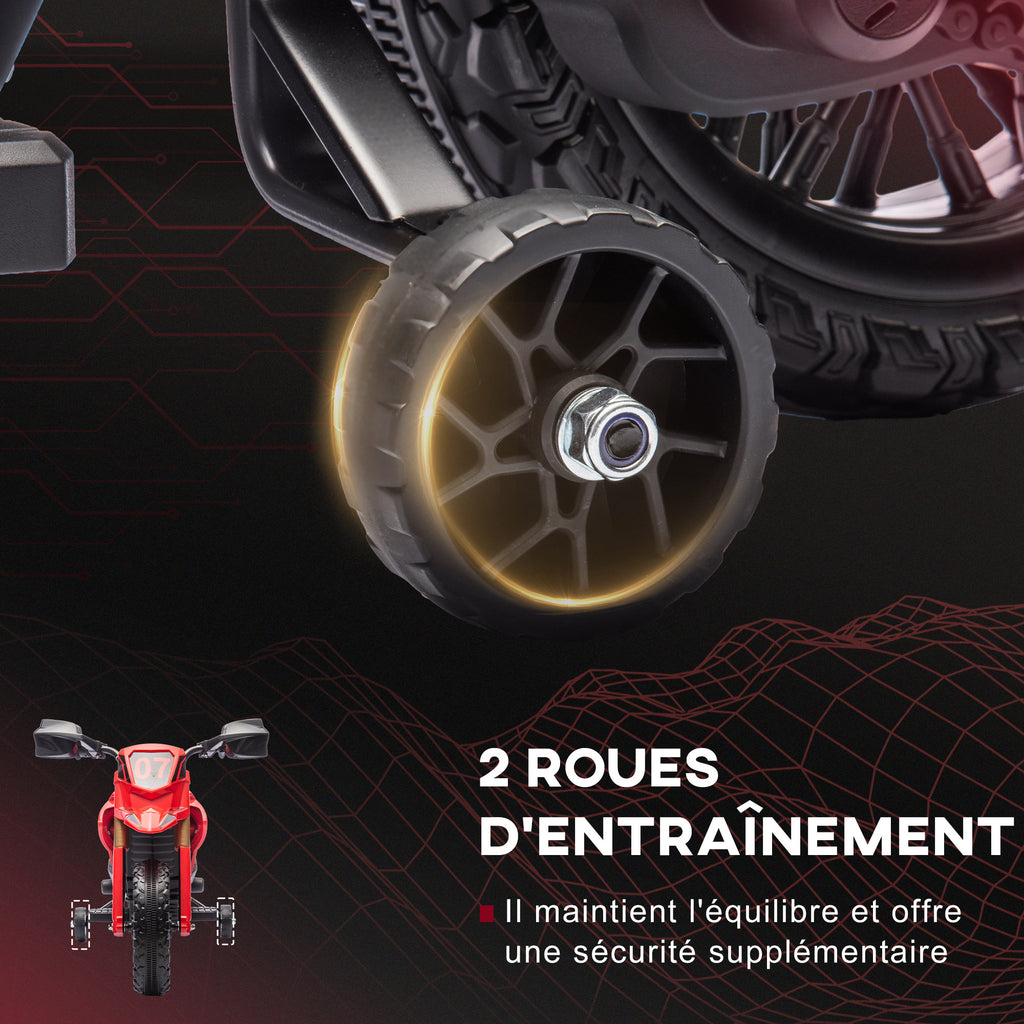 Moto cross électrique pour enfants 3-8 ans, batterie 6 V, 2 moteurs, klaxon et roues d'entraînement, charge 30KG, rouge