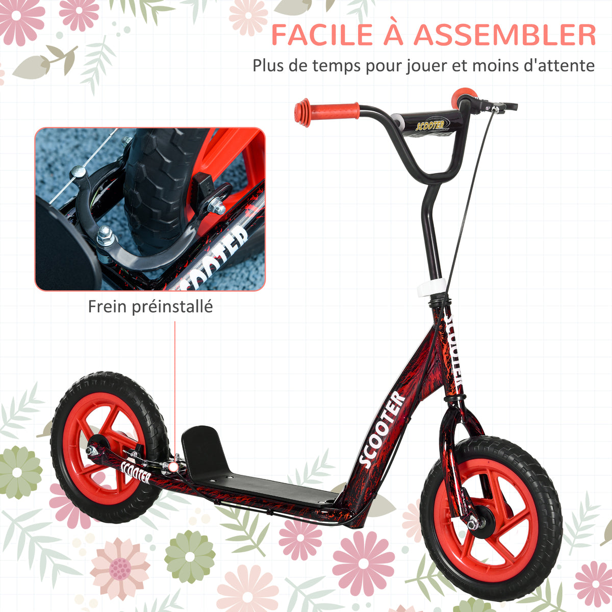 Trottinette patinette scooter enfant grandes roues de 6 à 12 ans hauteur réglable frein arrière béquille rouge