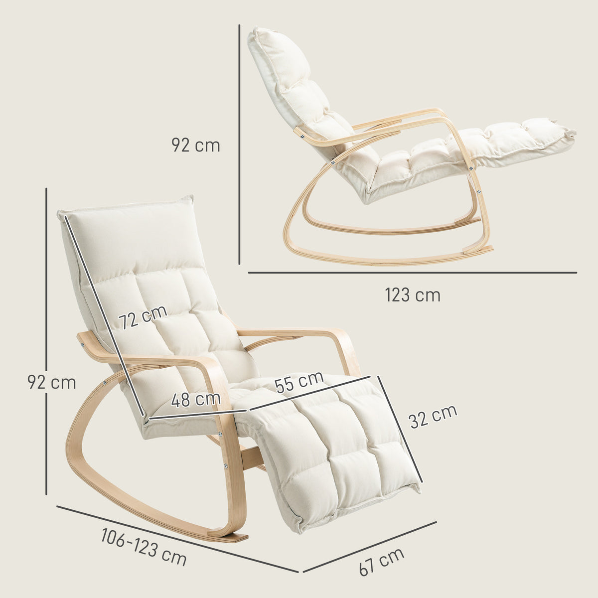 Fauteuil à bascule avec repose-pieds ajustable, rocking chair avec pieds en bois de bouleau, 67 x 106-123 x 92 cm, crème