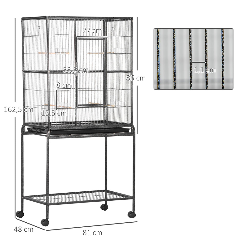 Cage à Oiseaux Portable avec 4 Mangeoires et 4 Perchoirs Pratique 77 x 47 x 163 cm Noir et Gris