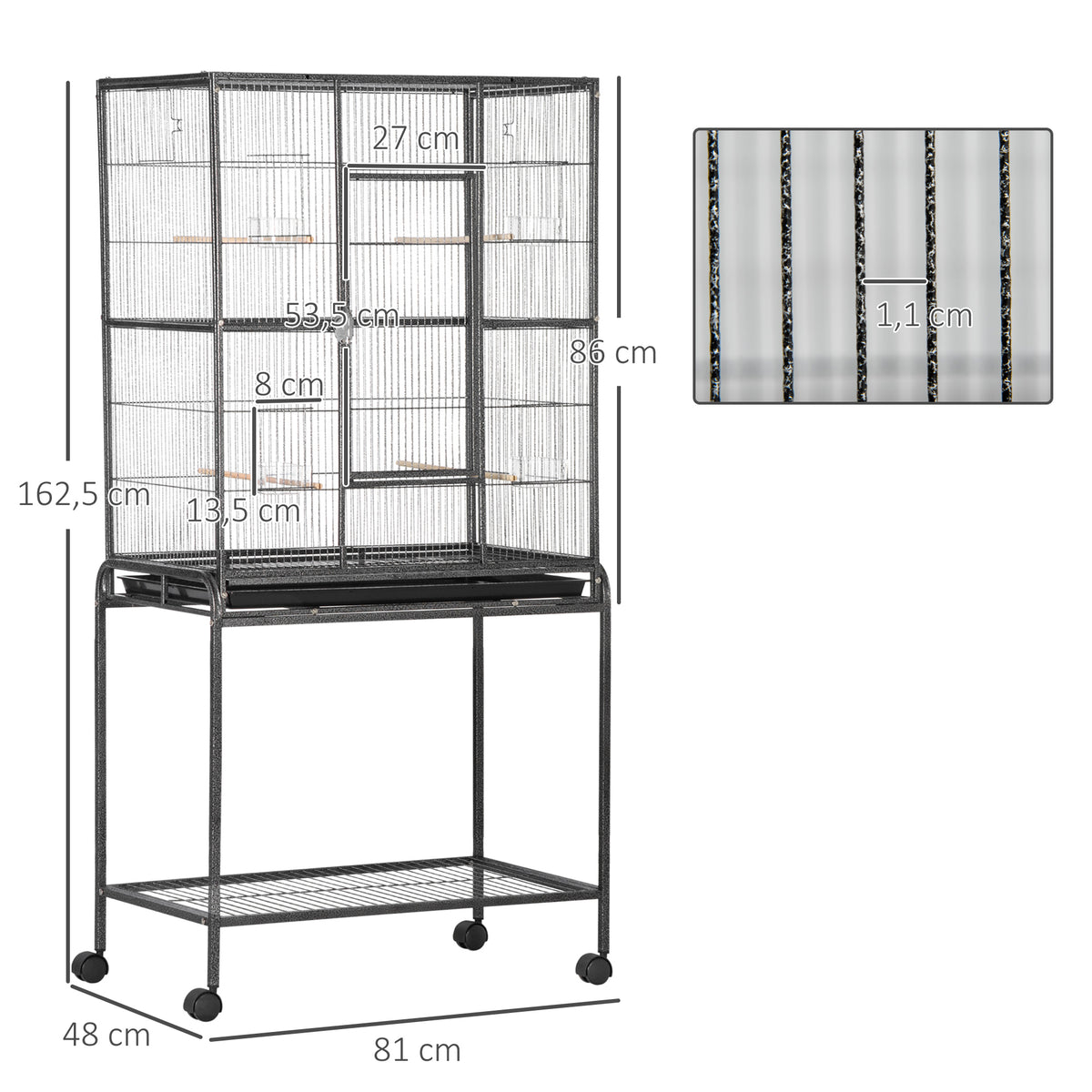 Cage à Oiseaux Portable avec 4 Mangeoires et 4 Perchoirs Pratique 77 x 47 x 163 cm Noir et Gris