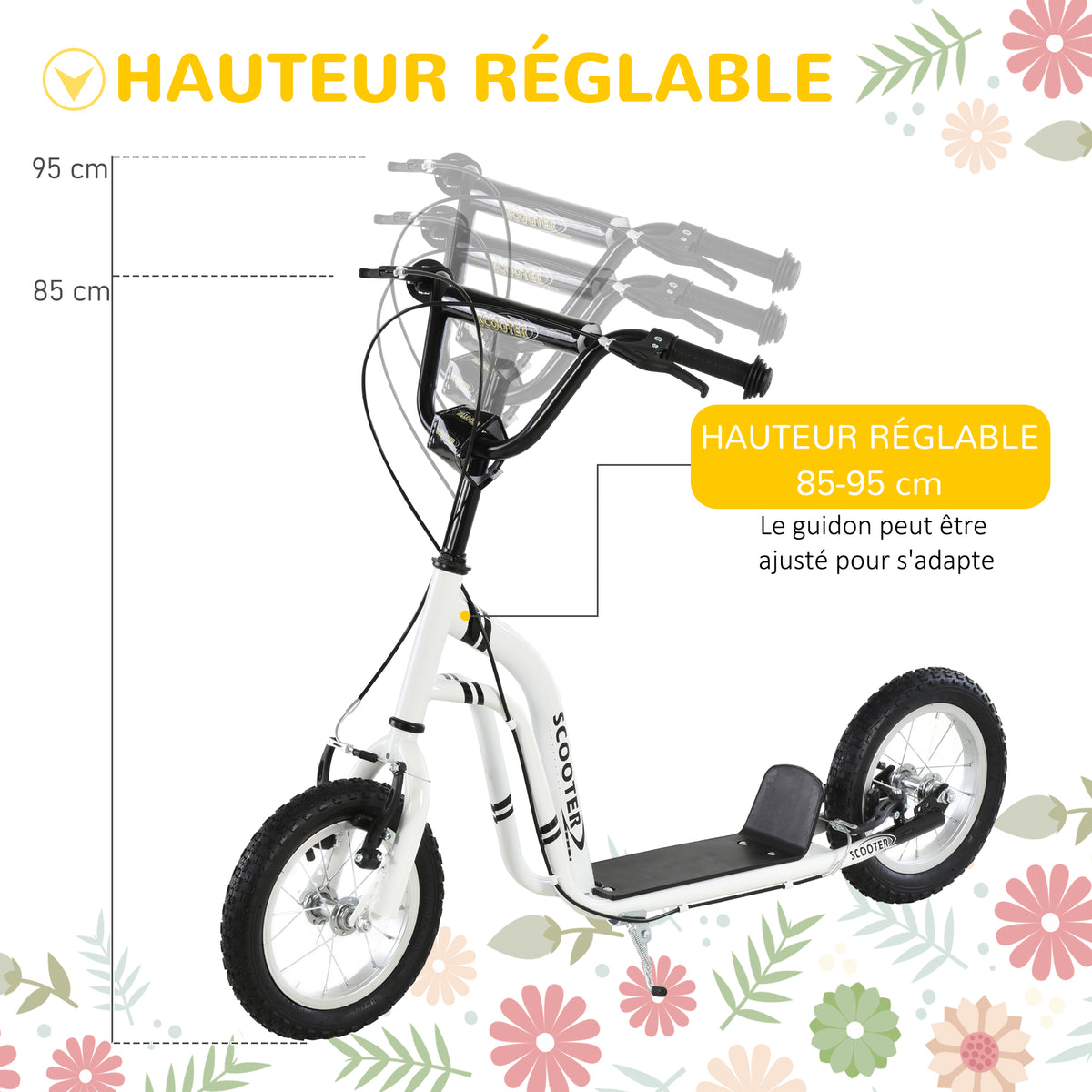 Trottinette enfants, grandes roues pneumatiques 12 pouce en caoutchouc, charge 100 kg, trottinette tout terrain avec double freins, hauteur réglable et béquille latérale, 5 à 12 ans, blanc
