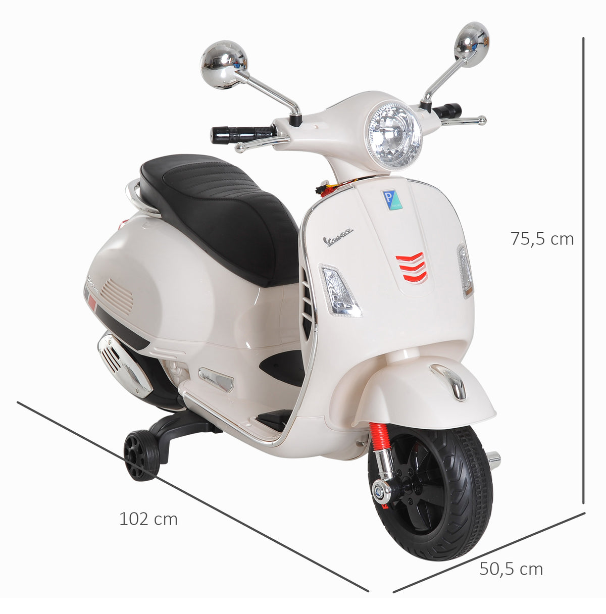 Vespa Scooter Moto électrique Enfants 6 V dim. 102L x 51l x 76H cm Musique MP3 Port USB klaxon Phare feu AR Blanc