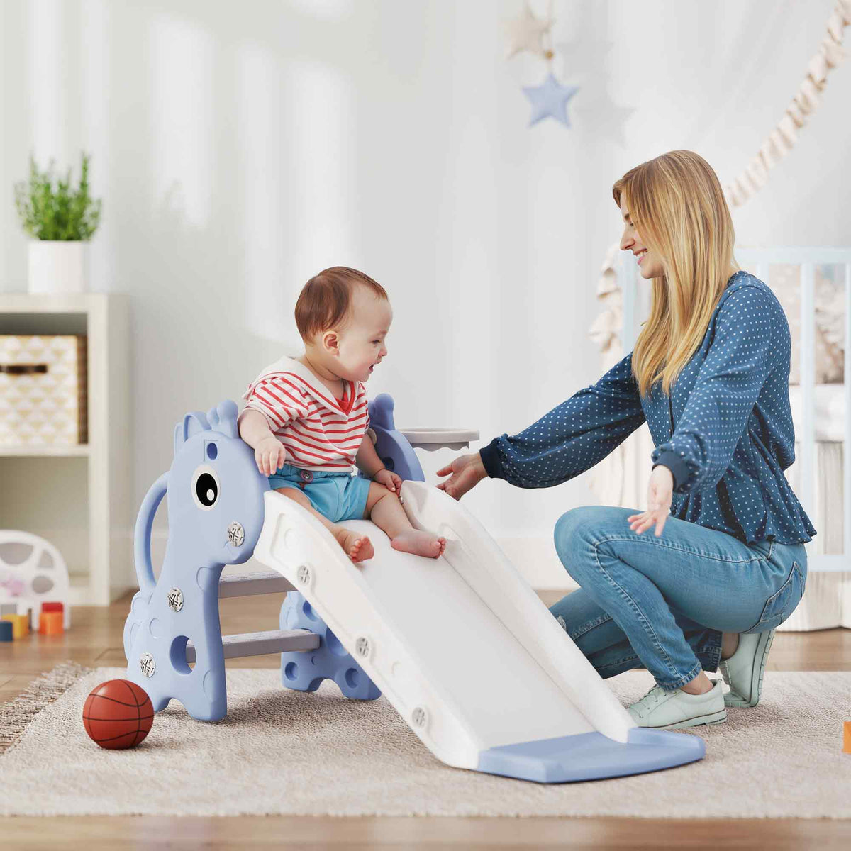 Toboggan pour enfants 3 en 1 en forme de girafe avec panier de basket, escalade et ballon, 106 x 51,5 x 52 cm, bleu