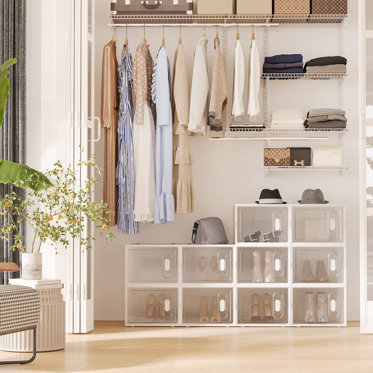 Meuble de rangement modulable, 18 cubes, meuble à chaussures empilables, vêtements, livres, jouets, blanc et transparent