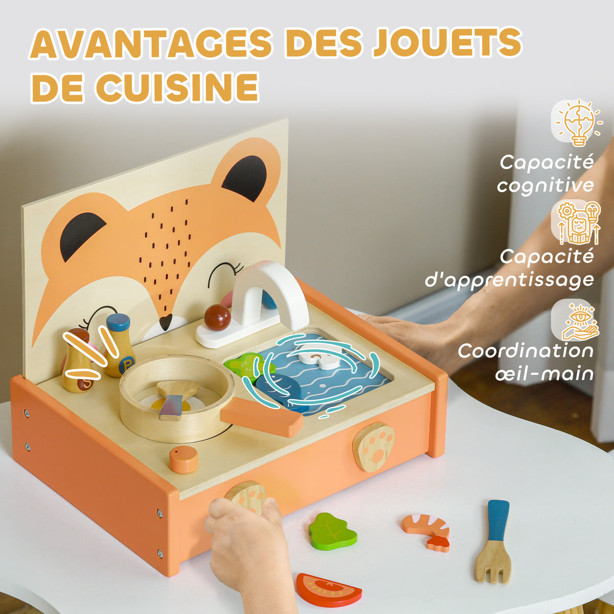 Mini-cuisine en bois jouet enfant avec 12 accessoires poêle spatule condiments fruits légumes - pour 3-5 ans -