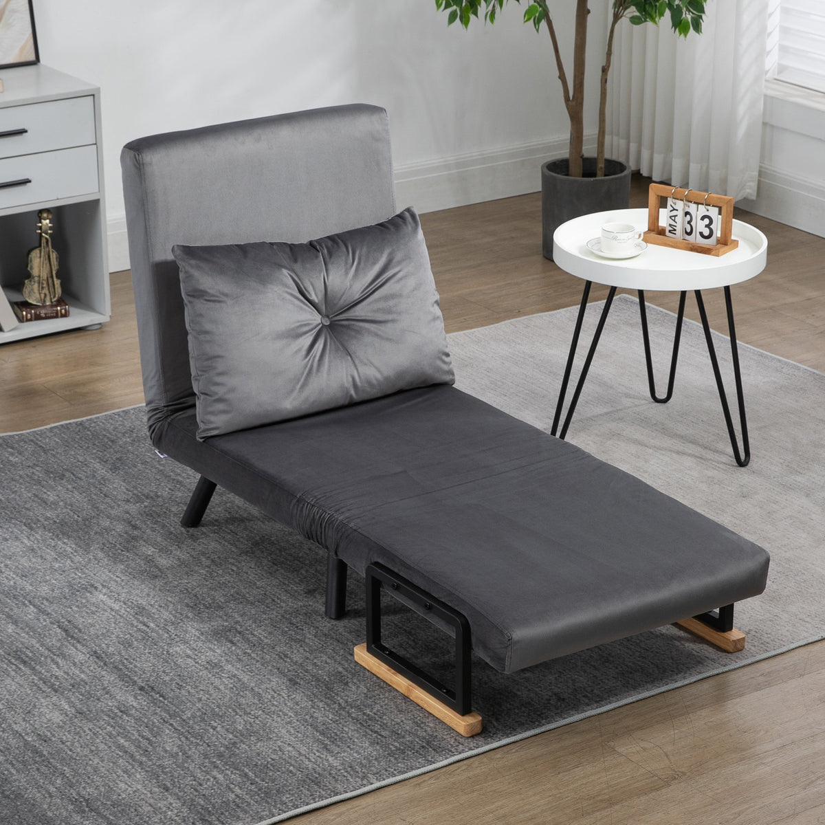 Fauteuil convertible 1 place fauteuil-lit chauffeuse 3 en 1 dossier réglable oreiller tissu velours 63x73x81cm gris