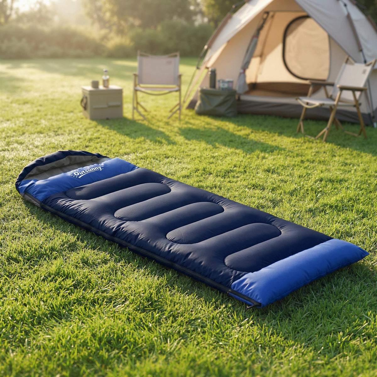 Sac de Couchage Adulte, avec Section Tête, Fermeture Éclair et Sac de Rangement, 300 g/m², 215x75x10cm, Bleu Marine