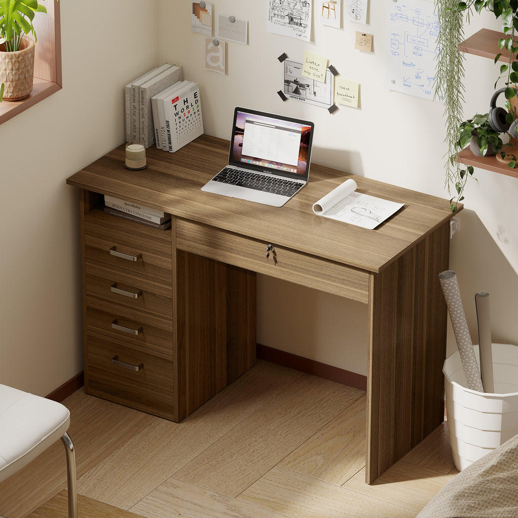 Bureau Informatique avec 5 Tiroirs, 110 x 50 cm, Bureau avec Rangement, Étagère Ouverte, Tiroir Verrouillable, Noyer