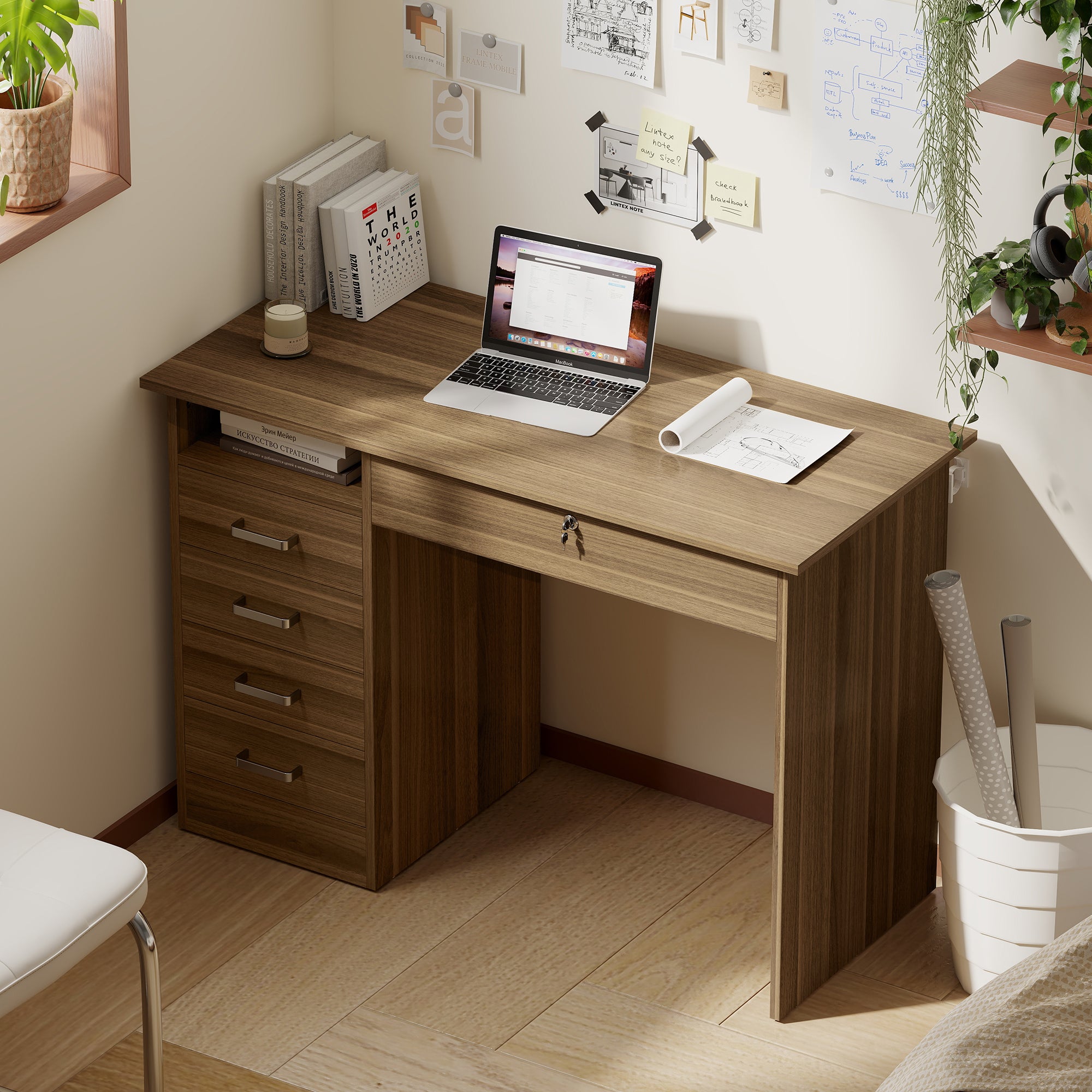 Bureau Informatique avec 5 Tiroirs, 110 x 50 cm, Bureau avec Rangement, Étagère Ouverte, Tiroir Verrouillable, Noyer