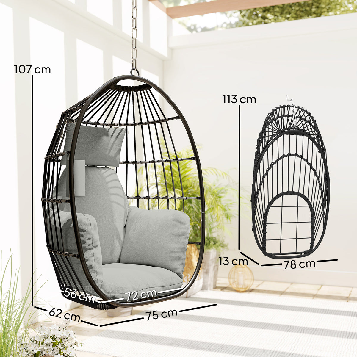 Fauteuil suspendu, fauteuil œuf suspendu, panier pliable, coussins rembourrés, porte-gobelet, oreiller, gris foncé