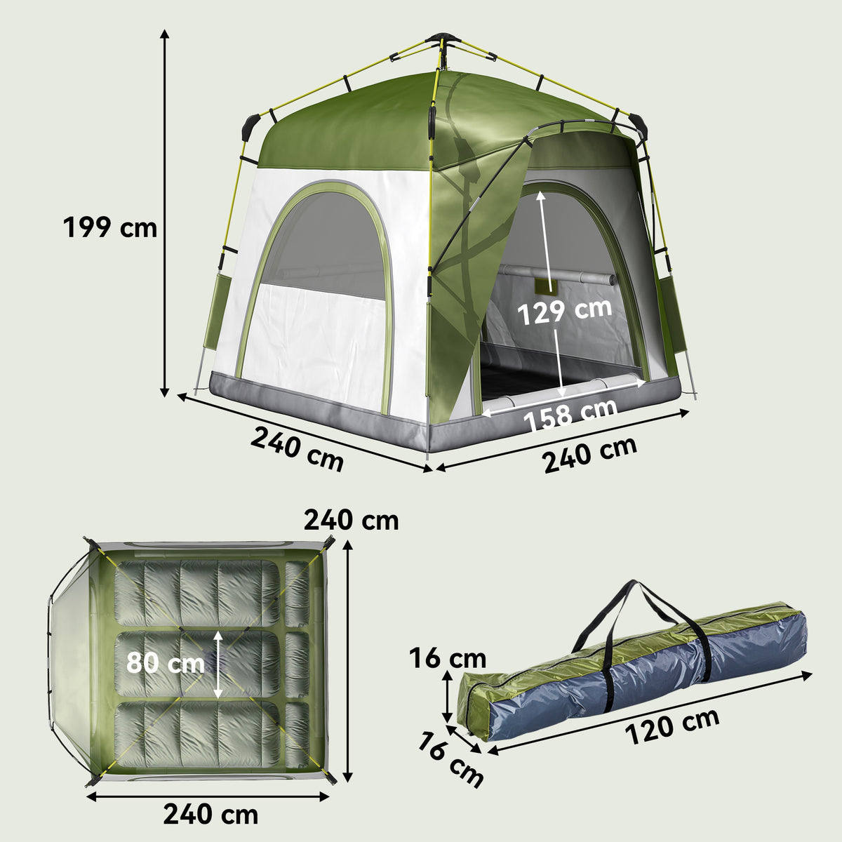 Tente de camping pop-up 3 personnes, dôme familiale avec 4 portes, 4 fenêtres et sac de transport – Vert et gris