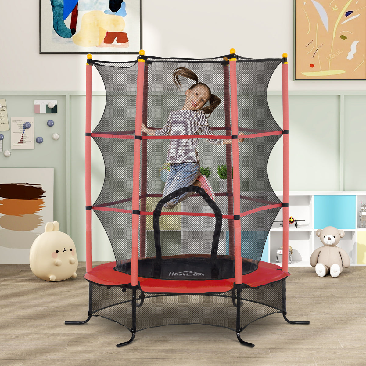 Trampoline Enfant Ø 1,63 × 1,9H m Filet de sécurité Porte zipée Couvre-Ressorts 6 poteaux rembourrés Inclus Rouge