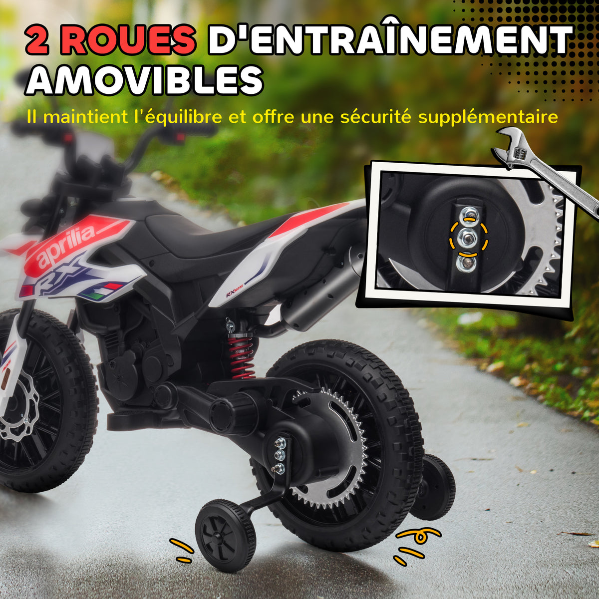 Moto électrique enfants sous licence Aprilia avec 2 moteurs 12V, roues d'entraînement, lumière LED, musique - blanc