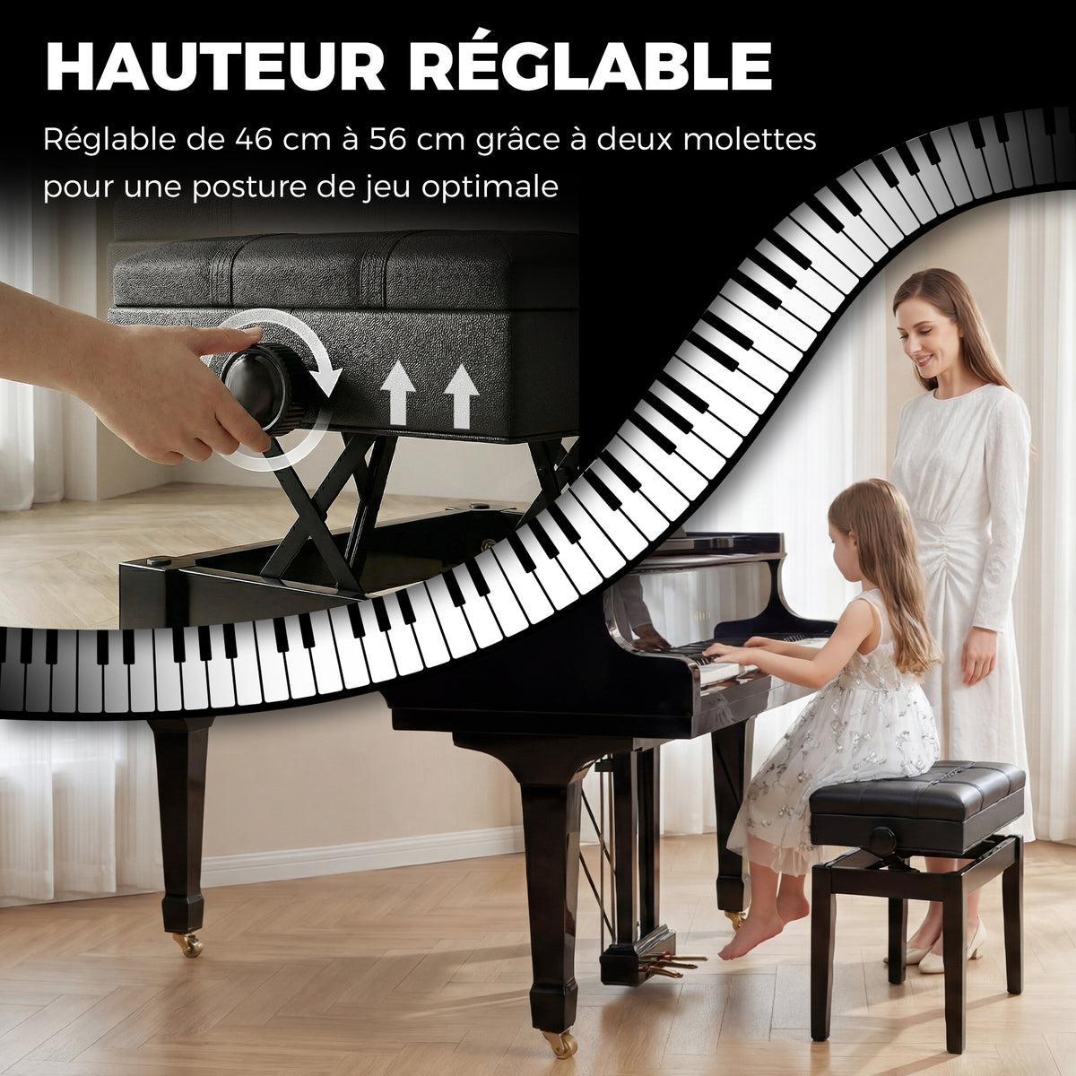 Banquette tabouret siège pour piano coffre intégré hauteur réglable bois hévéa assise revêtement synthétique noir