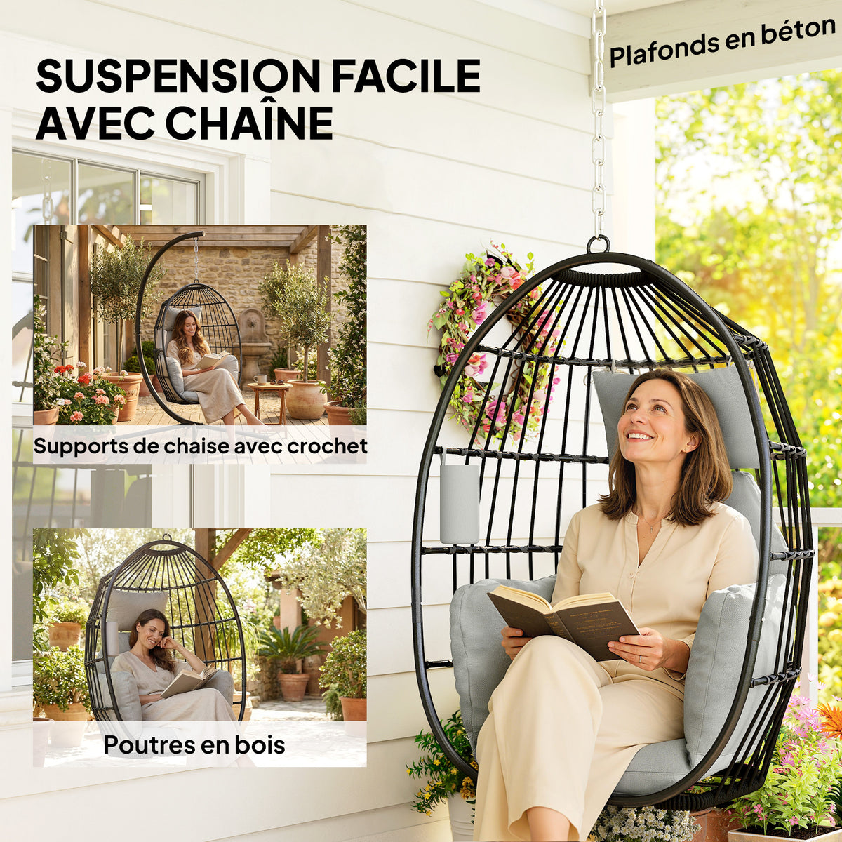 Fauteuil suspendu, fauteuil œuf suspendu, panier pliable, coussins rembourrés, porte-gobelet, oreiller, gris foncé