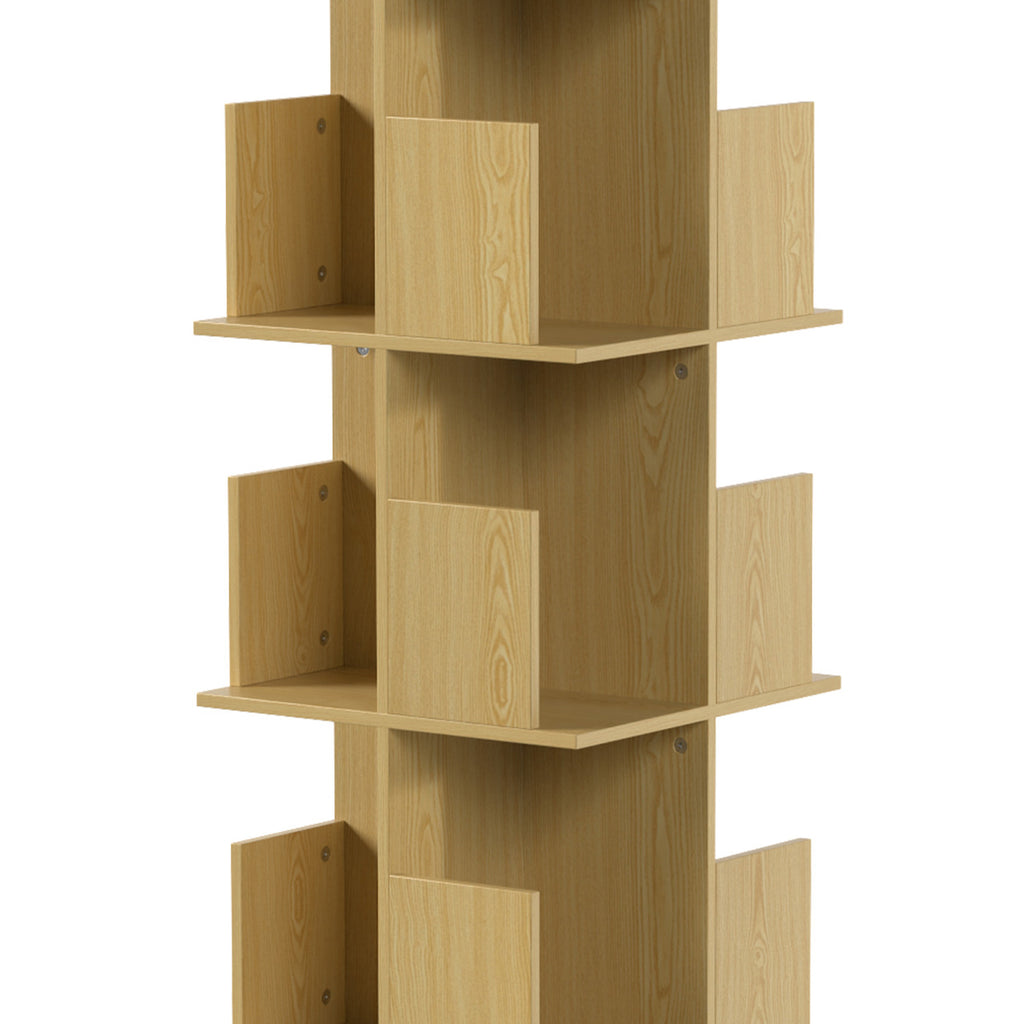 Bibliothèque Rotative à 4 Niveaux, Étagère Rangement avec 16 Compartiments, 39 x 39 x 128,3 cm, Chêne