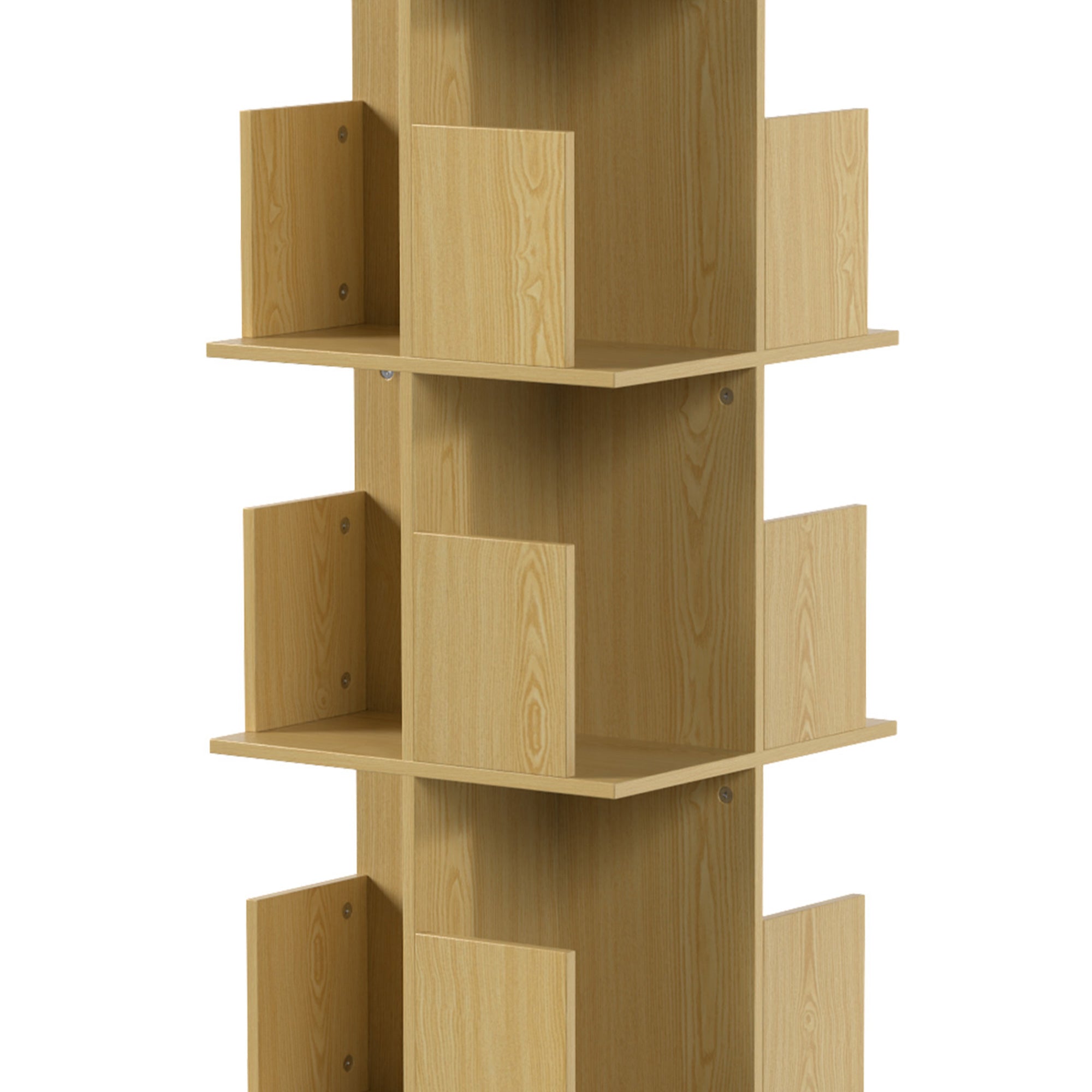 Bibliothèque Rotative à 4 Niveaux, Étagère Rangement avec 16 Compartiments, 39 x 39 x 128,3 cm, Chêne