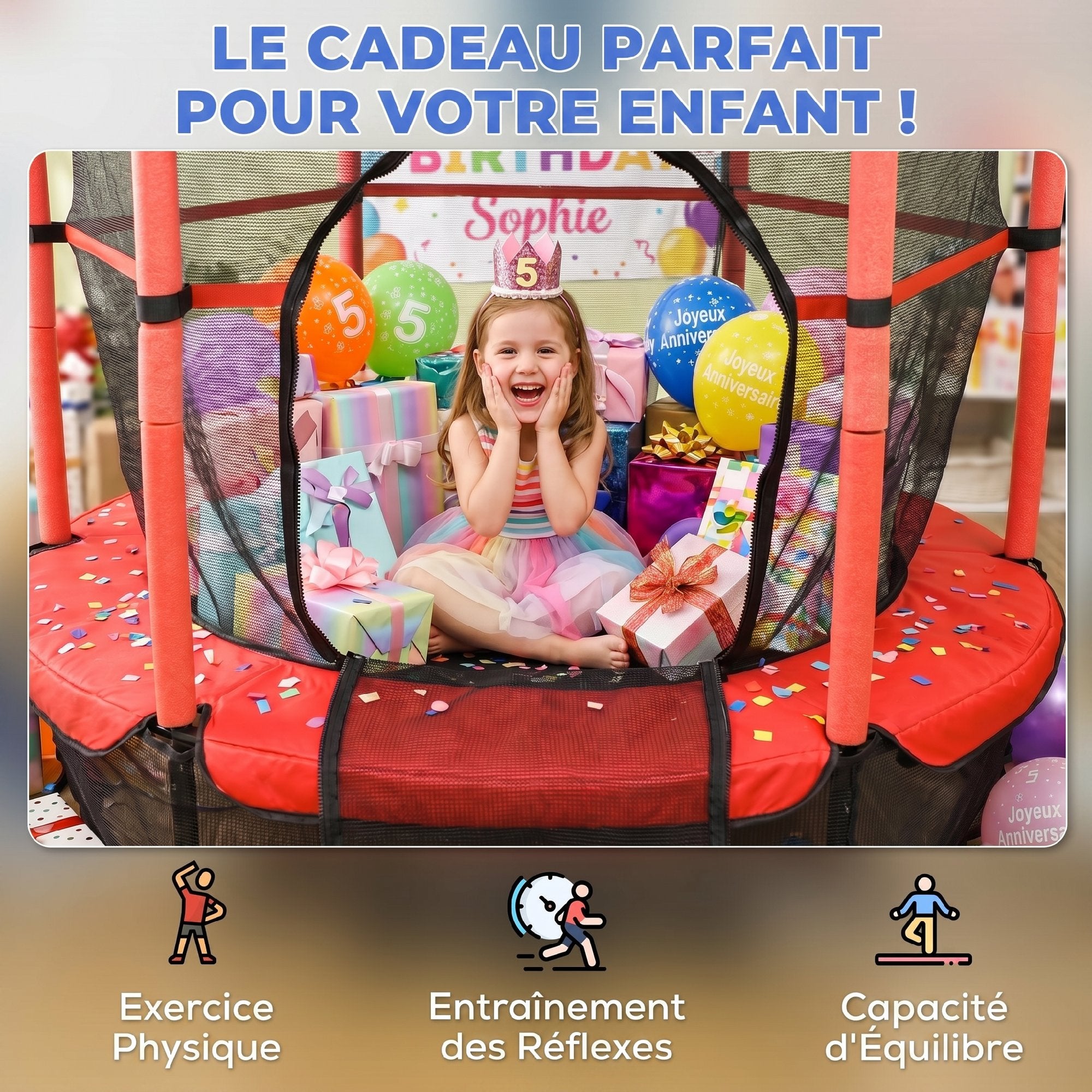 Trampoline Enfant Ø 1,63 × 1,9H m Filet de sécurité Porte zipée Couvre-Ressorts 6 poteaux rembourrés Inclus Rouge
