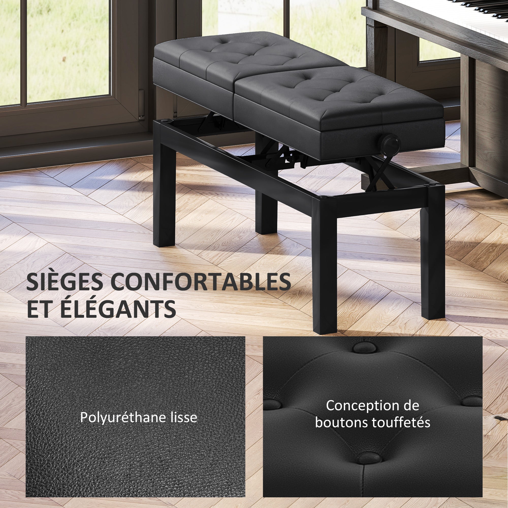 Banc de piano réglable en hauteur, tabouret de piano avec rangement, banquette pour clavier capitonné, noir